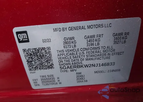 2022 Buick Enclave Fwd Essence из США, поврежденный, VIN 5GAERBKW2NJ146833